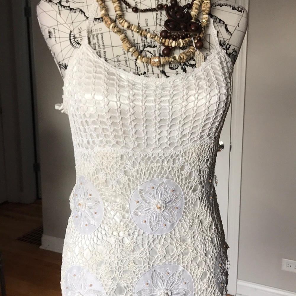 👹NWT Sue Wong Crochet knit Embellish Bead Floral coastal cottage Macrame M - Picture 2 of 8